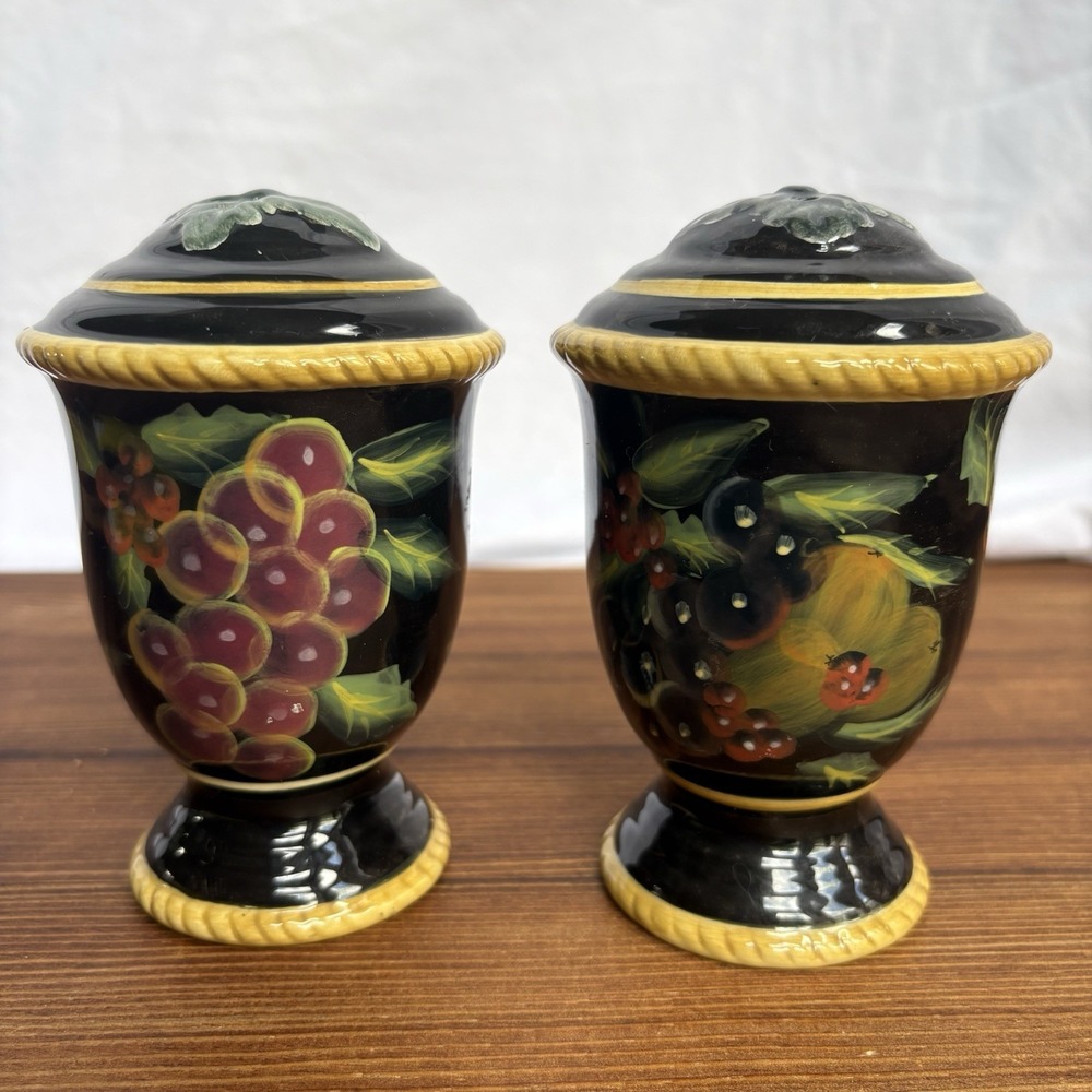 Raymond Waites Hand Painted Salt Pepper Shakers Black Fruit Ceramic Set